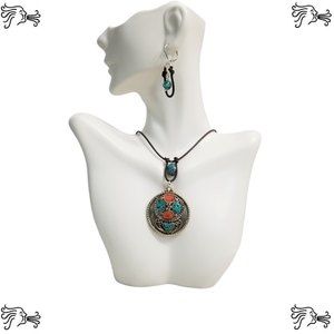 Tibetan Turquoise Coral Choker Necklace & Earrings Brown Leather Circular Shape
